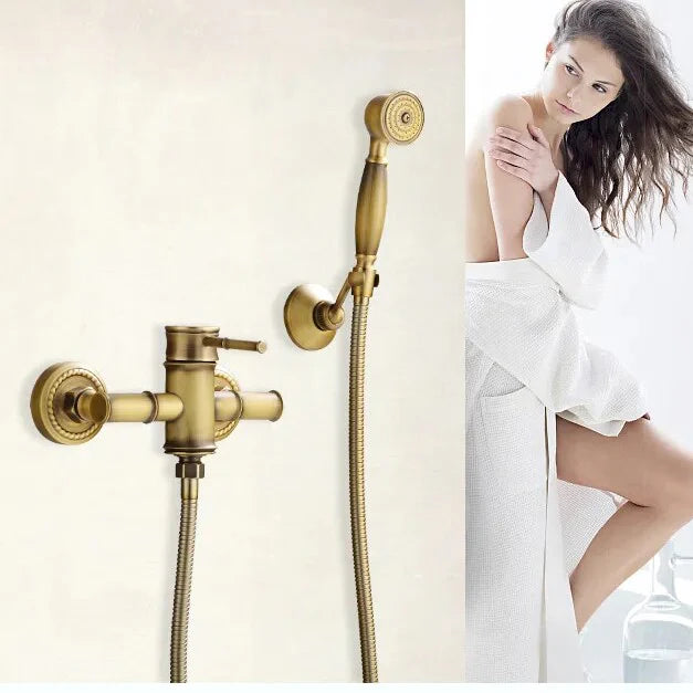 Robinet douche salle de bain bambou flexible pommeau - Doré