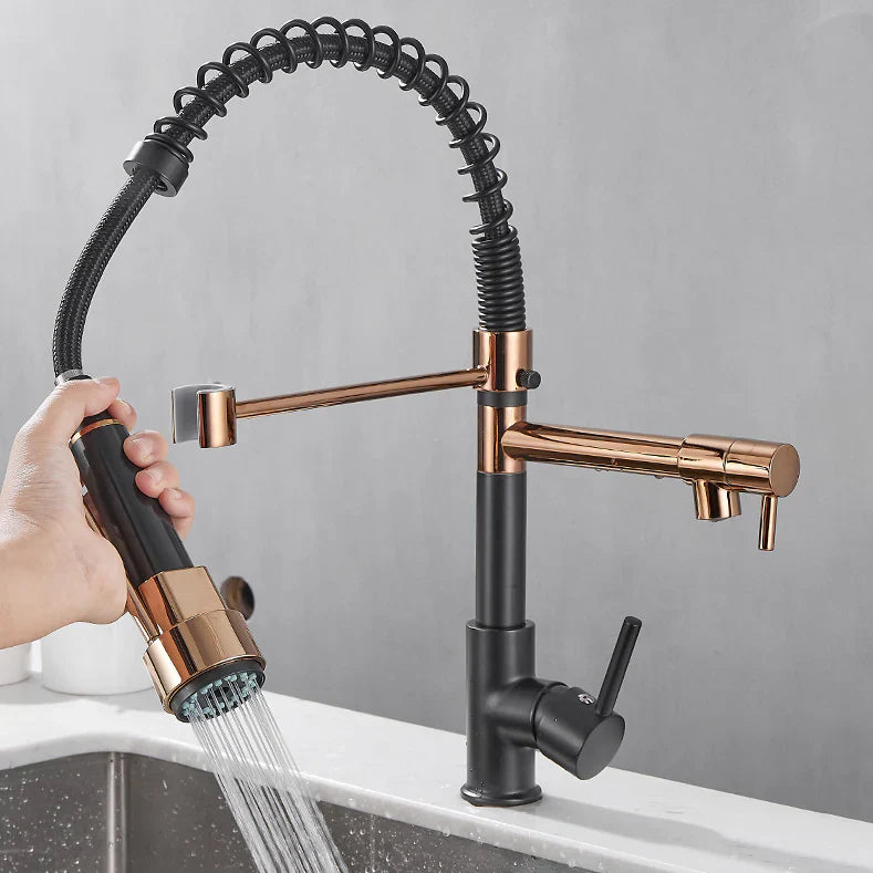 Robinet double cuisine évier douchette mitigeur bicolore - Noir / Doré - Laiton