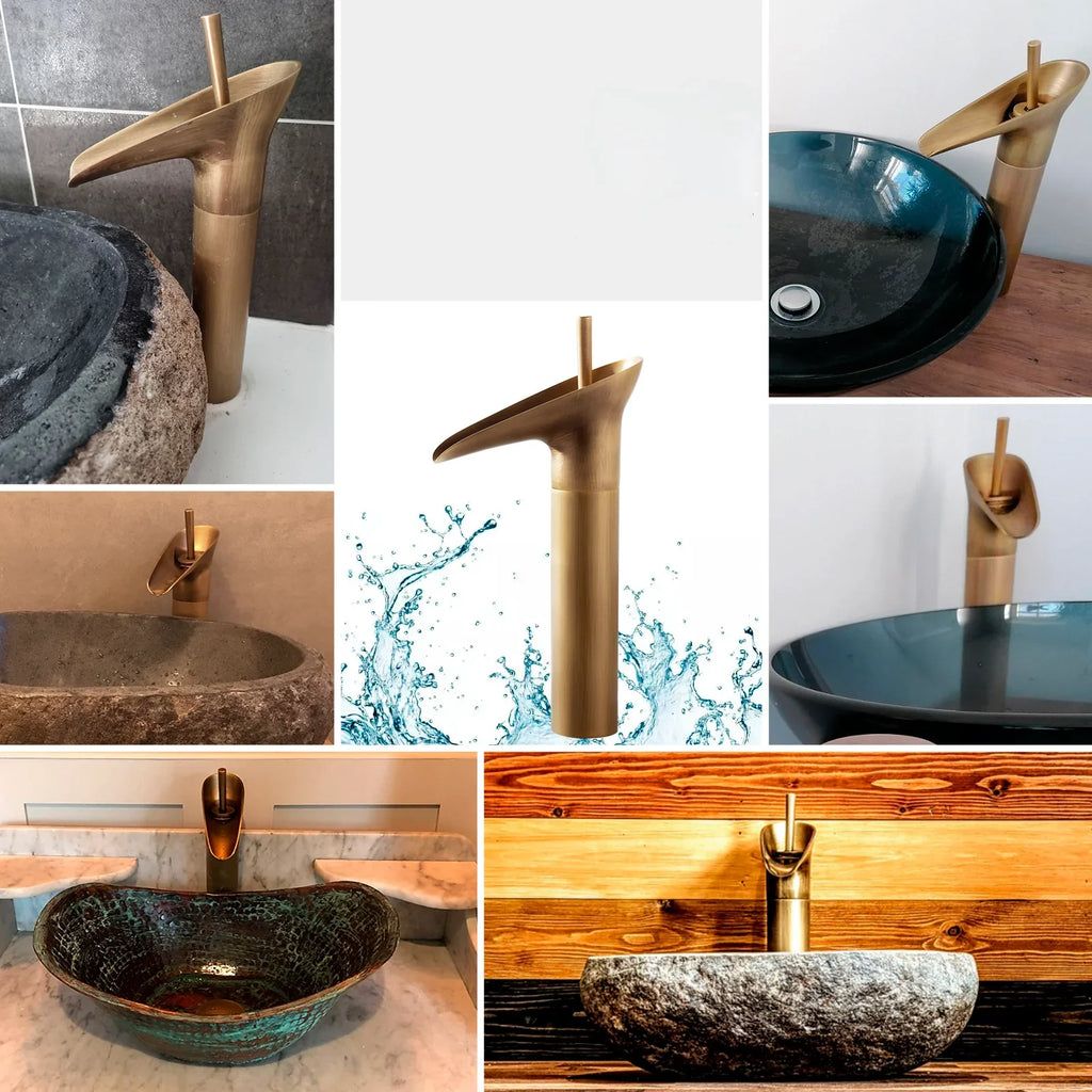 Robinet salle de bain lavabo bambou cascade - Doré - Laiton