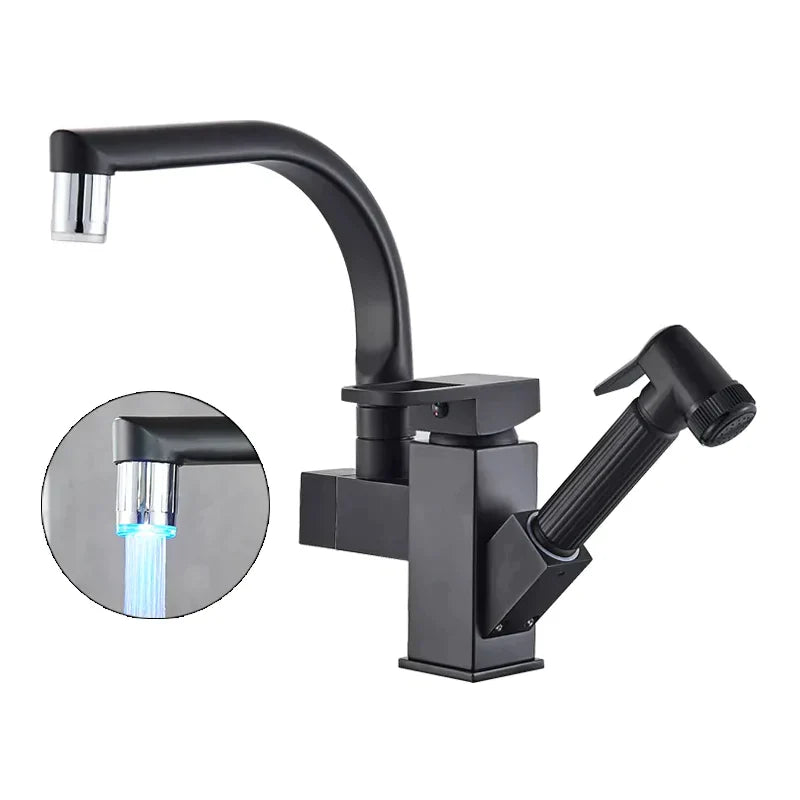 Robinet évier cuisine design mitigeur led flexible douchette pistolet - Noir - Laiton
