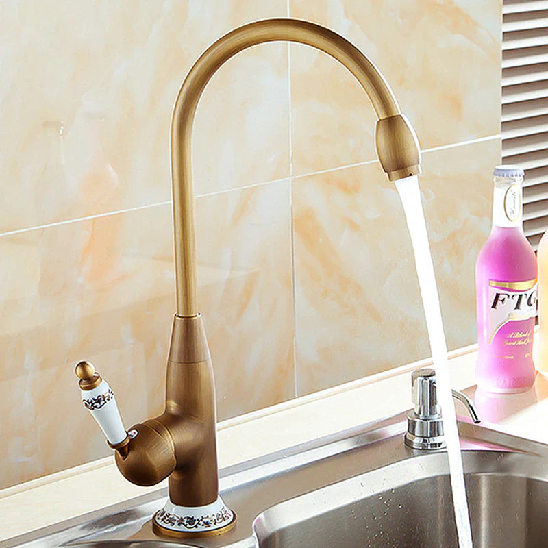 Robinet cuisine évier antique avec céramique fleur vintage - Doré