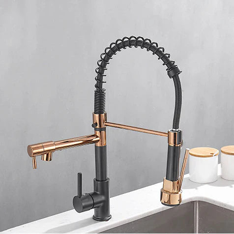 Robinet double cuisine évier douchette mitigeur bicolore - Noir / Doré - Laiton