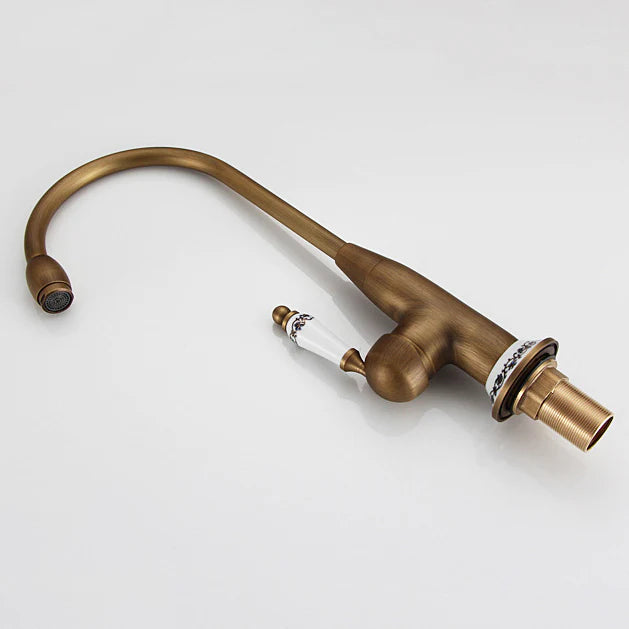 Robinet cuisine évier antique avec céramique fleur vintage - Doré