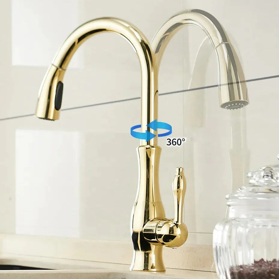 Robinet évier cuisine rétro arrondi flexible douchette - Doré - Laiton