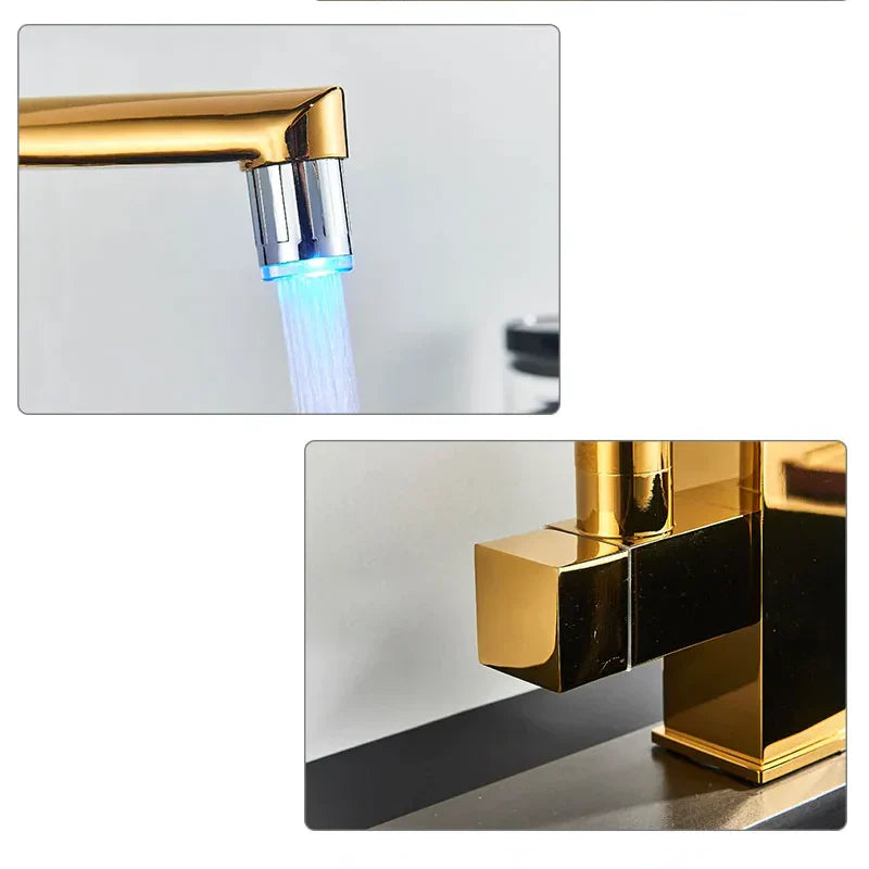 Robinet évier cuisine design mitigeur led flexible douchette pistolet - Doré - Laiton