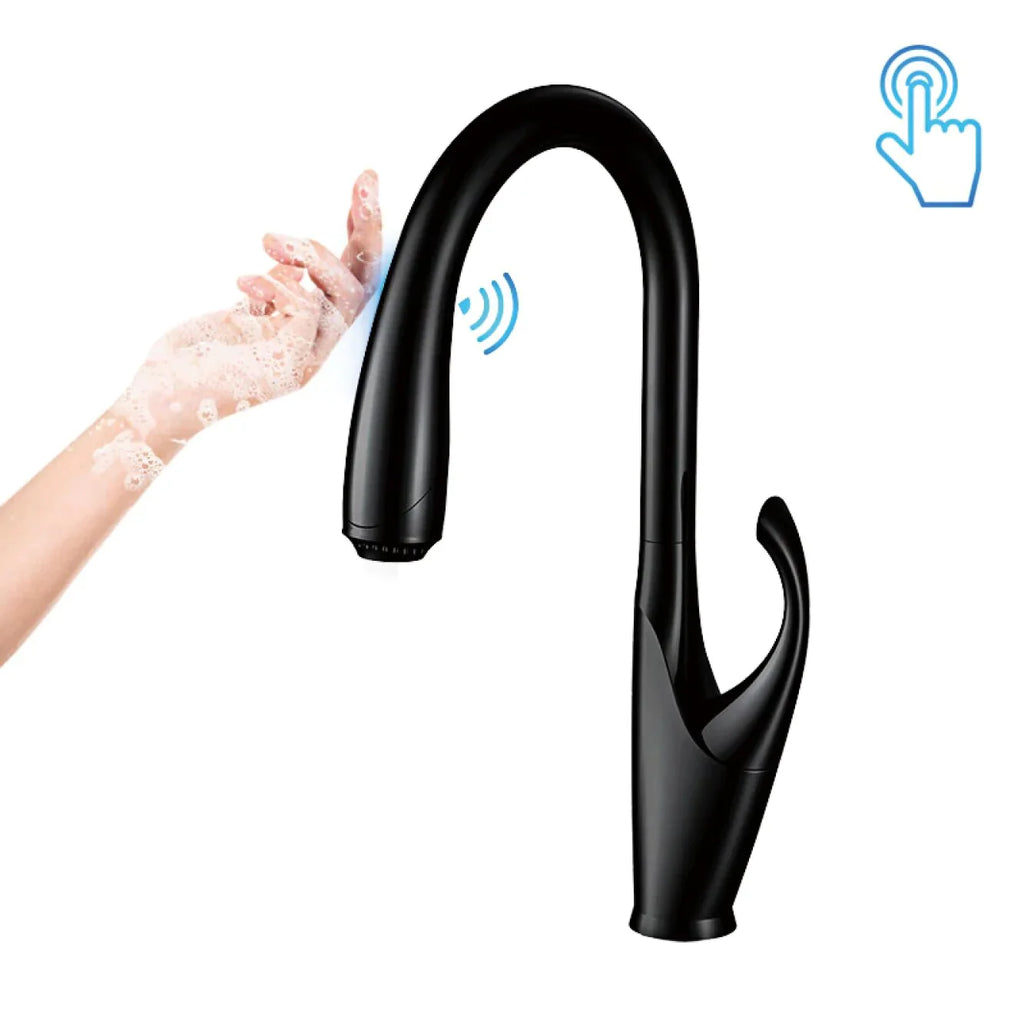 Robinet évier cuisine tactile automatique design flexible douchette - Noir - Laiton