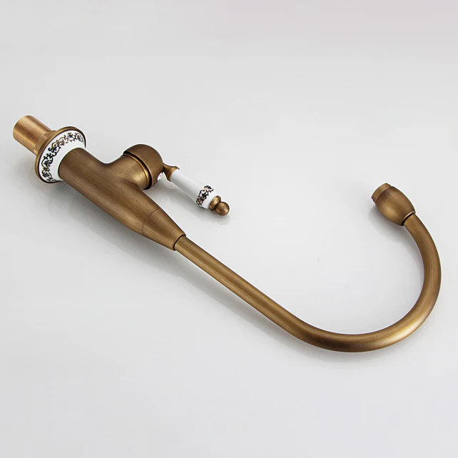 Robinet cuisine évier antique avec céramique fleur vintage - Doré