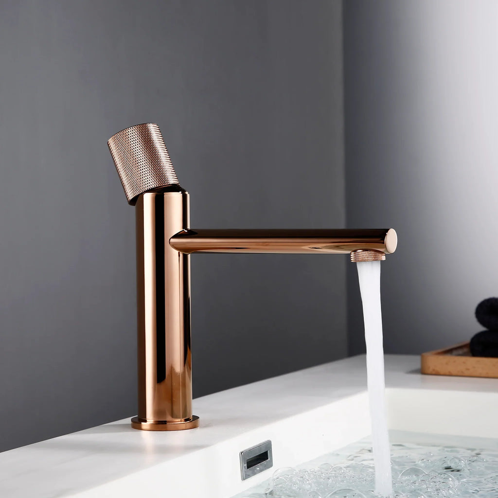 Robinet lavabo salle de bain poignée ronde travaillée - Doré brossé - Laiton