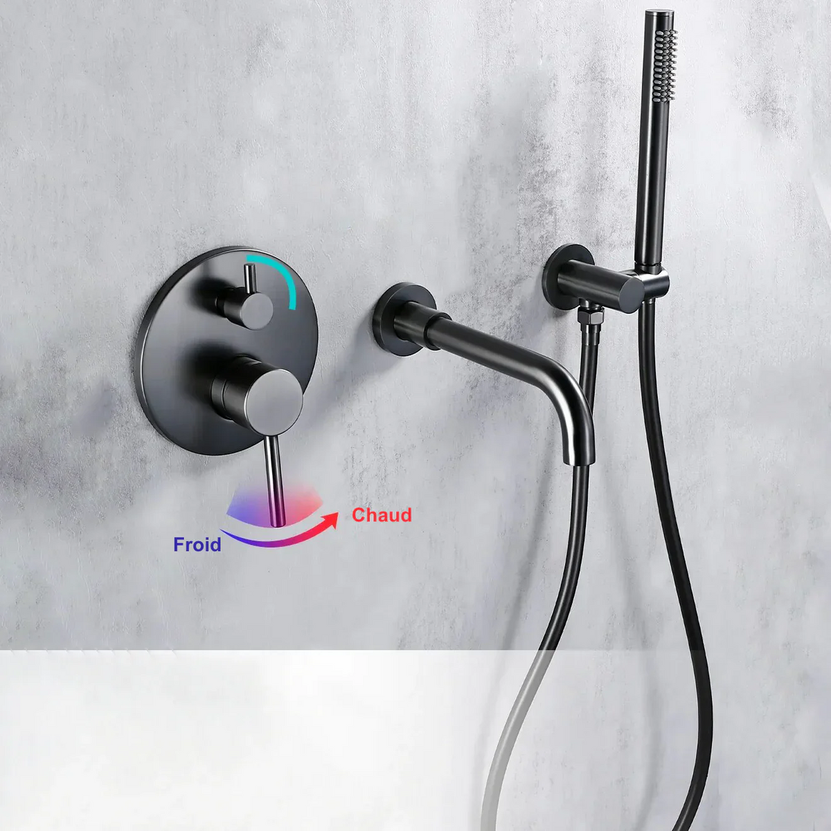 Robinet baignoire salle de bain encastrable mural mitigeur rond douchette - Noir