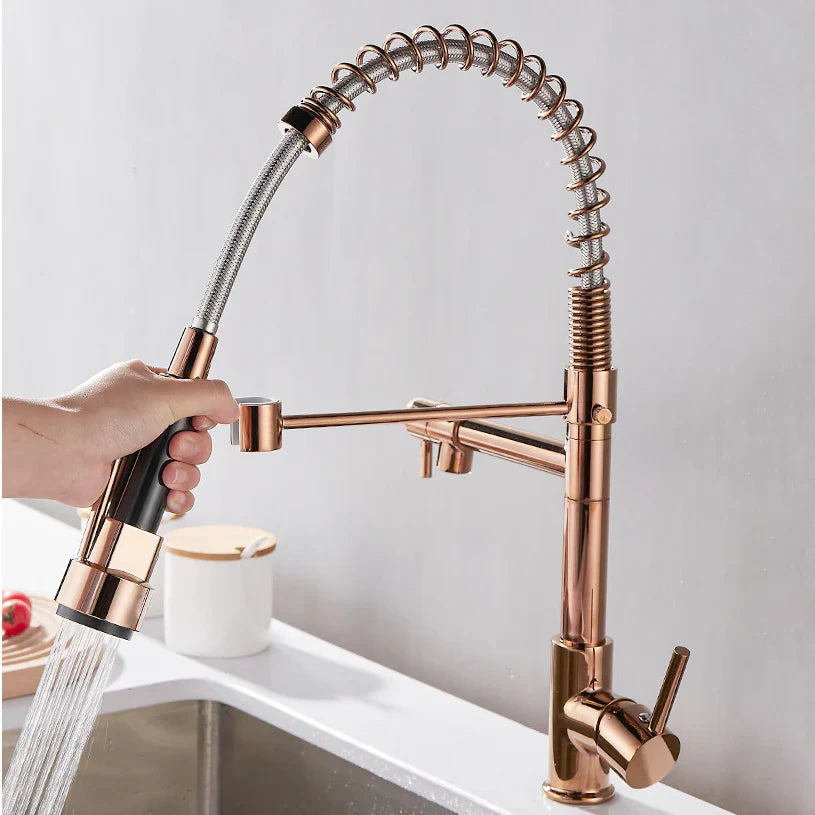 Robinet double cuisine évier douchette mitigeur bicolore - Doré / Argenté - Laiton