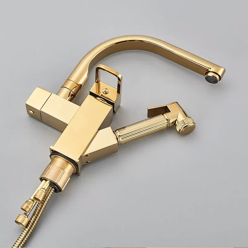 Robinet évier cuisine design mitigeur flexible douchette pistolet - Doré - Laiton