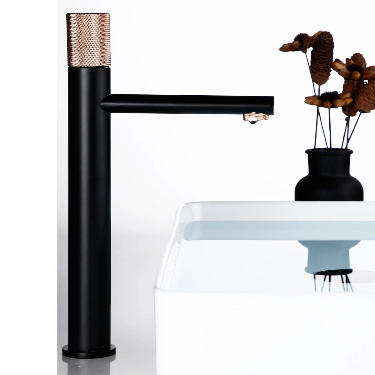 Robinet lavabo salle de bain poignée ronde travaillée - Noir / Doré rose - Laiton