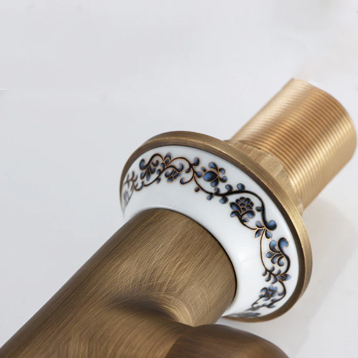 Robinet cuisine évier antique avec céramique fleur vintage - Doré