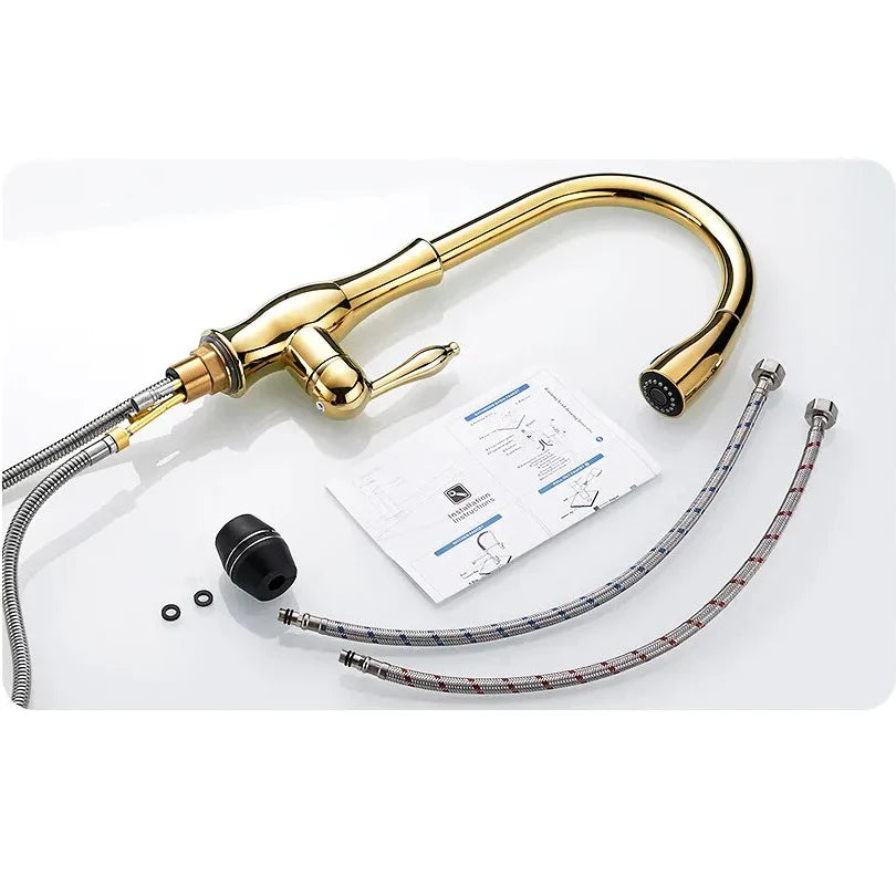 Robinet évier cuisine rétro arrondi flexible douchette - Doré - Laiton