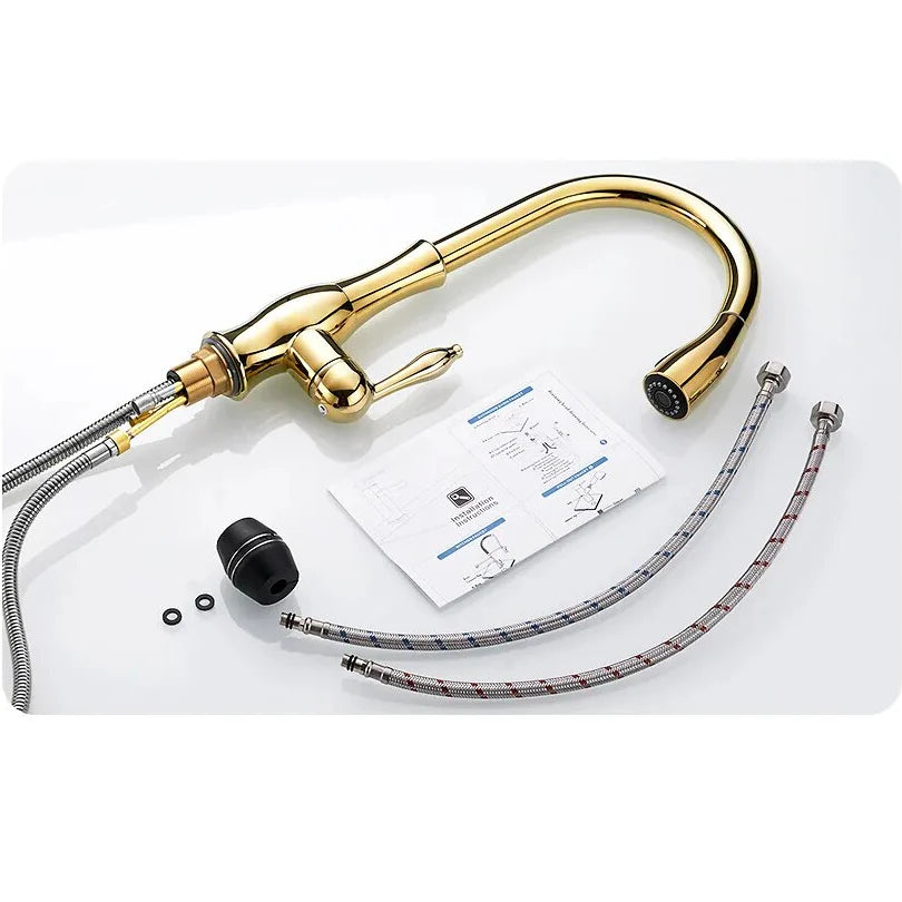 Robinet évier cuisine rétro arrondi flexible douchette - Noir - Laiton