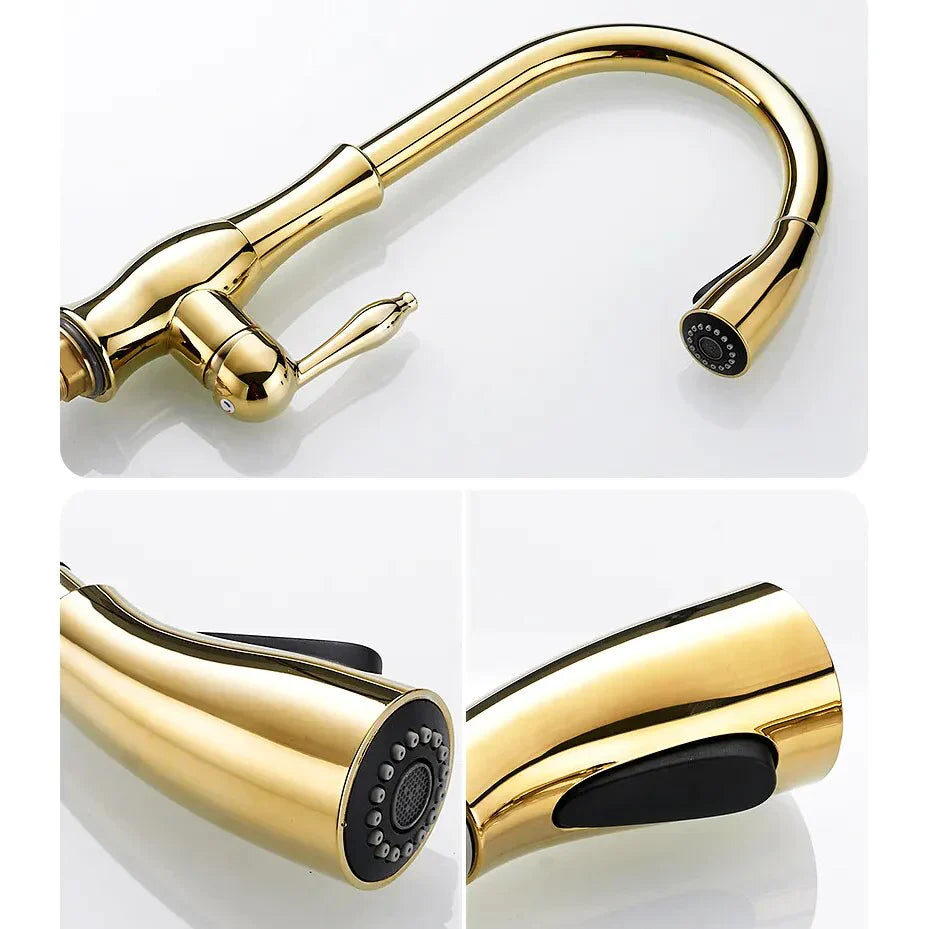 Robinet évier cuisine rétro arrondi flexible douchette - Doré - Laiton