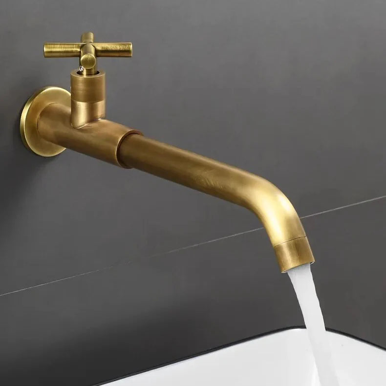 Robinet évier cuisine mural encastrable eau froide poignée croix - Doré