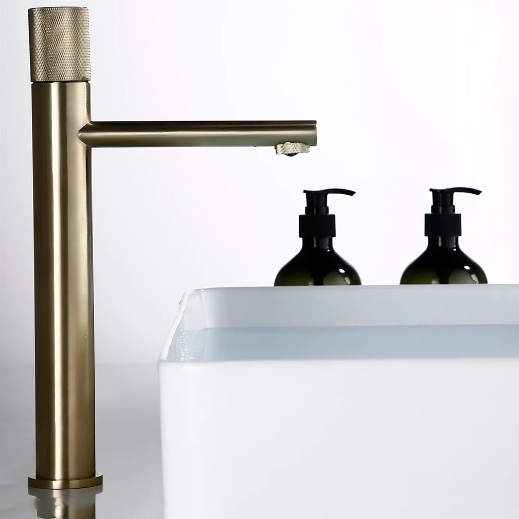 Robinet lavabo salle de bain poignée ronde travaillée - Doré brossé - Laiton