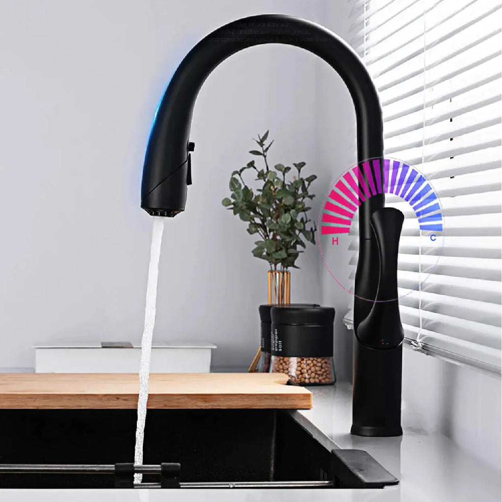 Robinet évier cuisine tactile automatique design flexible douchette - Noir - Laiton