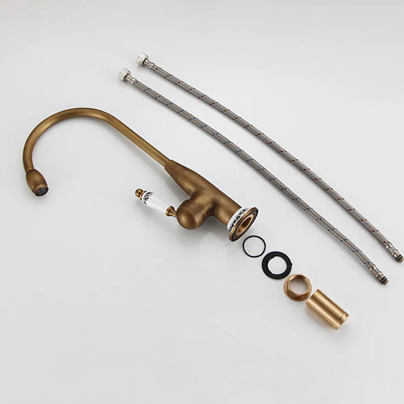 Robinet cuisine évier antique avec céramique fleur vintage - Doré