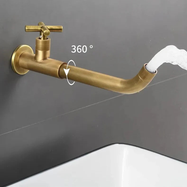 Robinet évier cuisine mural encastrable eau froide poignée croix - Doré