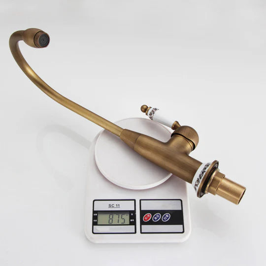 Robinet cuisine évier antique avec céramique fleur vintage - Doré