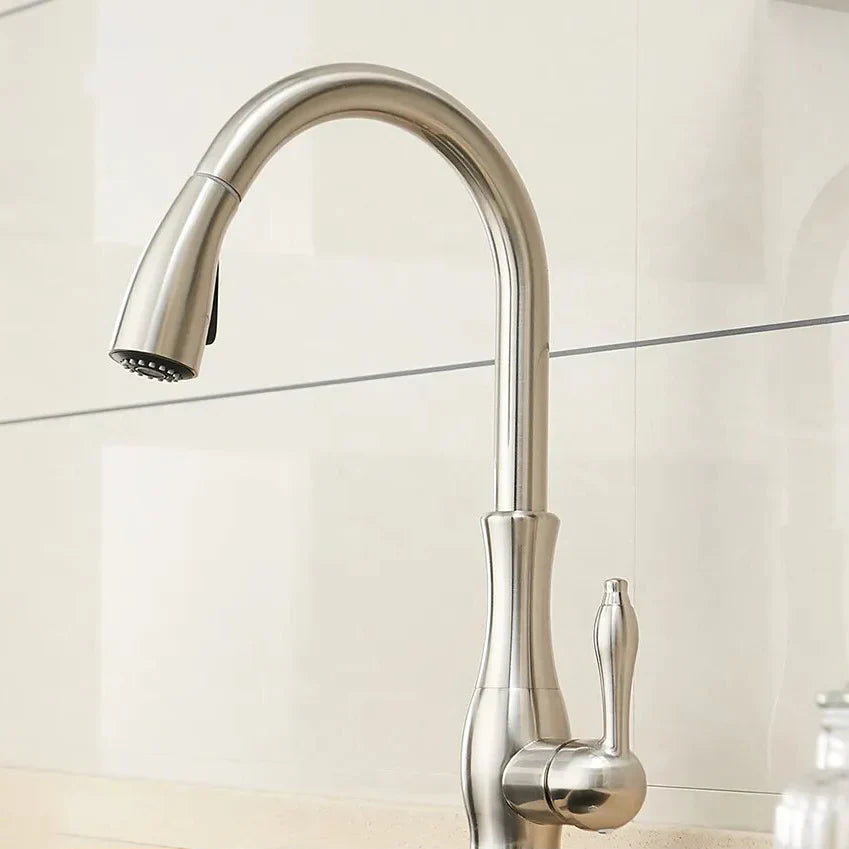 Robinet évier cuisine rétro arrondi flexible douchette - Argenté - Laiton