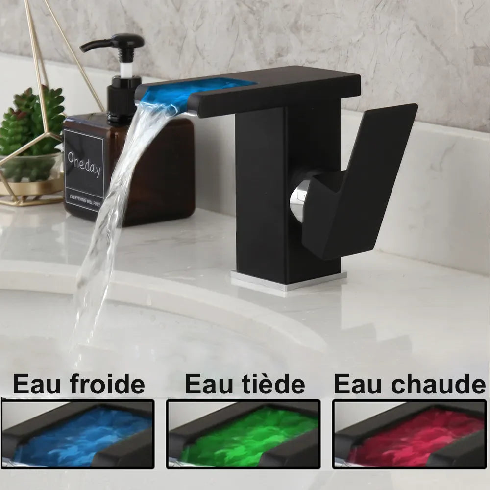 Robinet lavabo salle de bain design cascade led température - Noir
