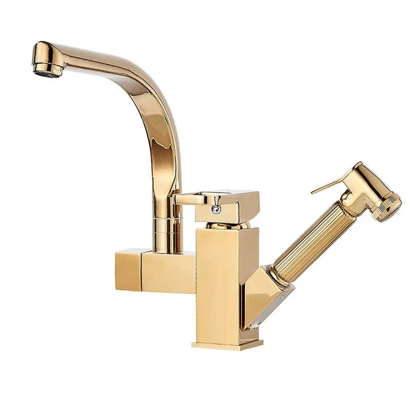 Robinet évier cuisine design mitigeur flexible douchette pistolet - Doré - Laiton