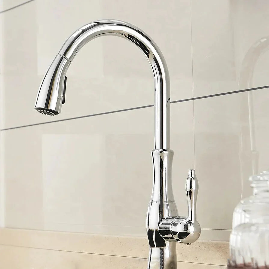 Robinet évier cuisine rétro arrondi flexible douchette - Argenté - Laiton