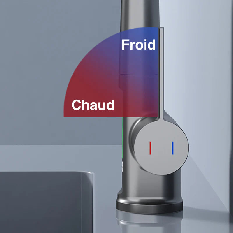 Robinet évier affichage température numérique flexible cascade - Argenté