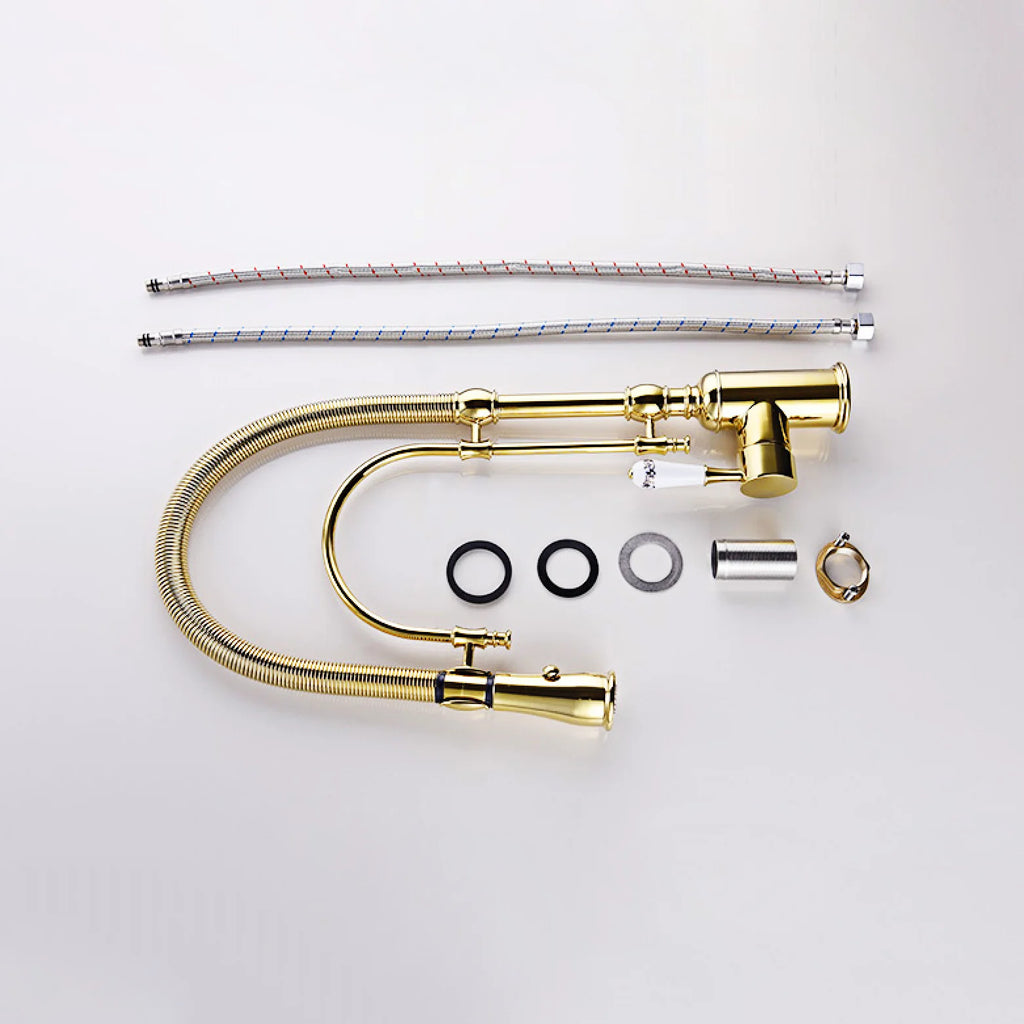 Robinet cuisine évier douchette rétro poignée céramique - Doré - Laiton