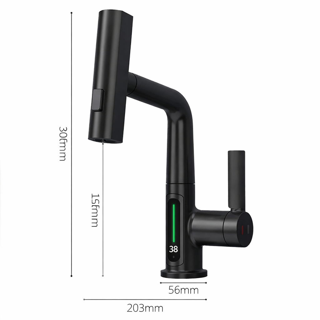 Robinet évier affichage température numérique flexible cascade - Noir