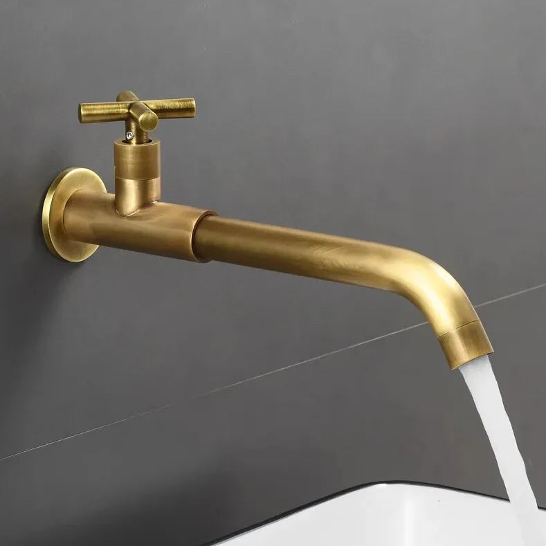 Robinet évier cuisine mural encastrable eau froide poignée croix - Doré