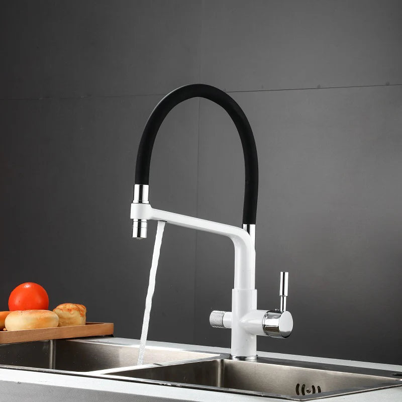 Robinet cuisine évier flexible double robinet purificateur d'eau - Blanc - Laiton
