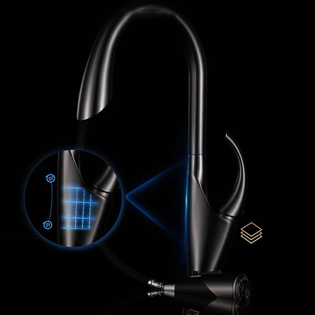 Robinet évier cuisine design moderne flexible douchette - Noir - Laiton