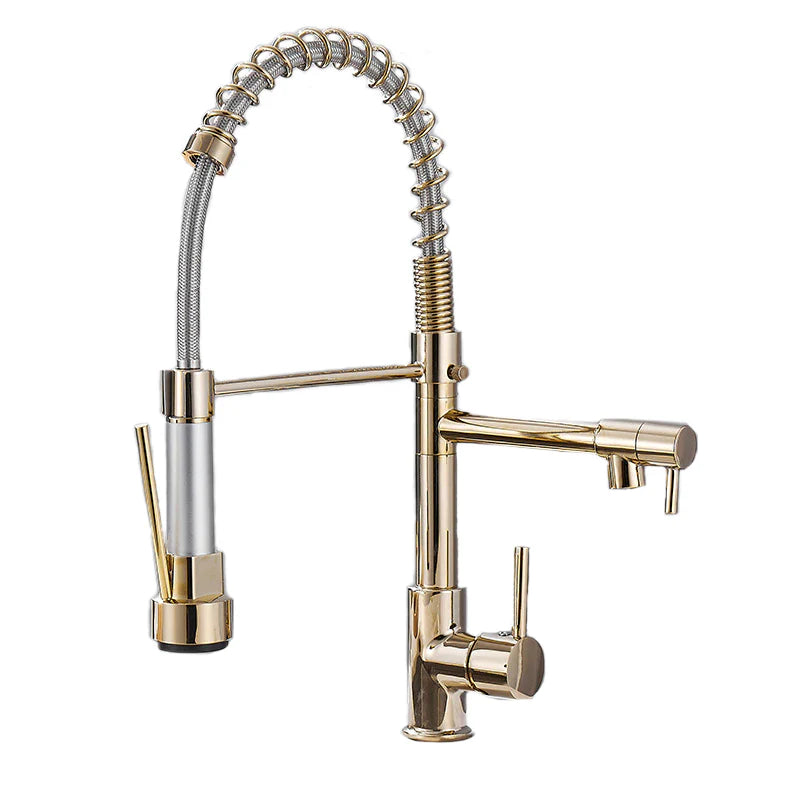 Robinet double cuisine évier douchette mitigeur bicolore - Doré / Argenté - Laiton