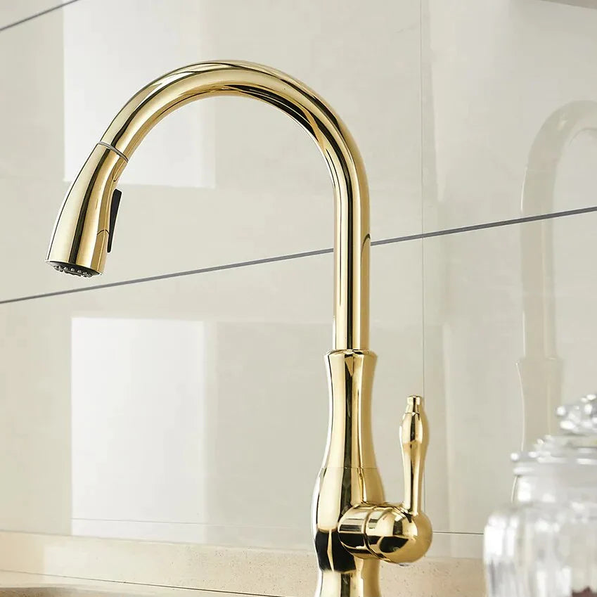 Robinet évier cuisine rétro arrondi flexible douchette - Doré - Laiton