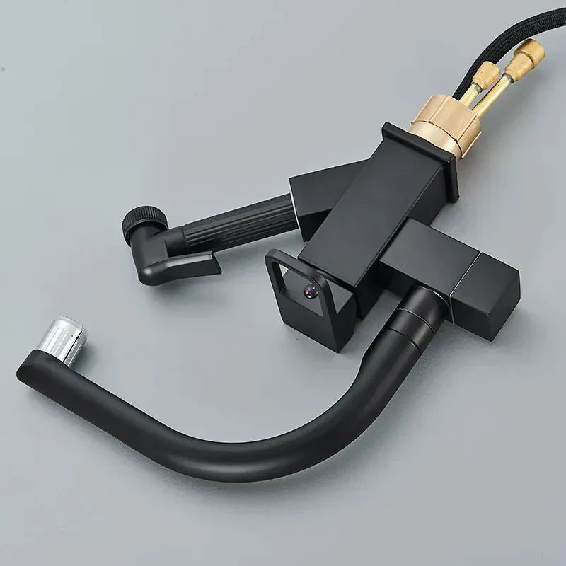 Robinet évier cuisine design mitigeur led flexible douchette pistolet - Noir - Laiton