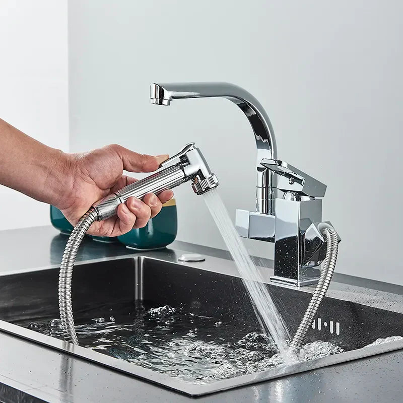 Robinet évier cuisine design mitigeur flexible douchette pistolet - Argenté - Laiton