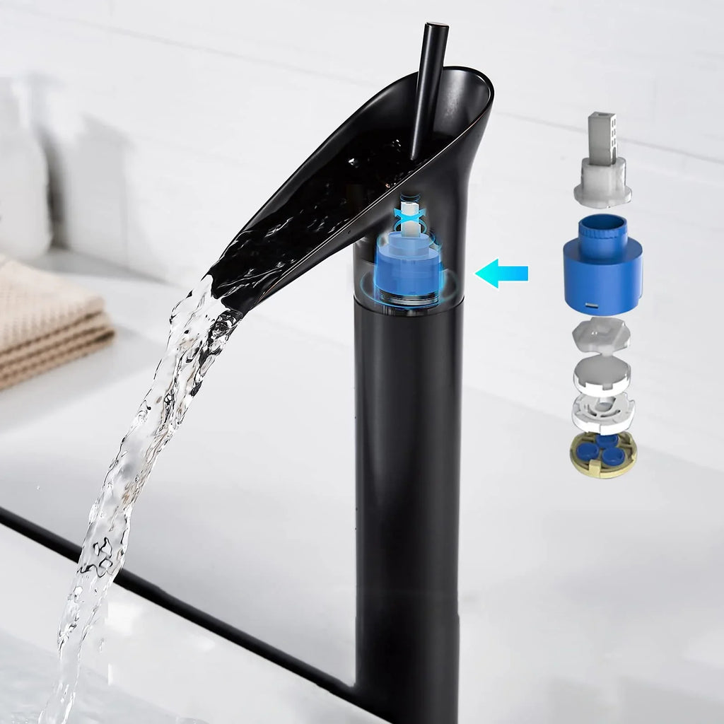 Robinet salle de bain lavabo bambou cascade - Noir - Laiton