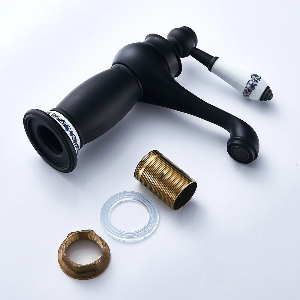 Robinet lavabo salle de bain rétro poignée céramique - Noir - Laiton