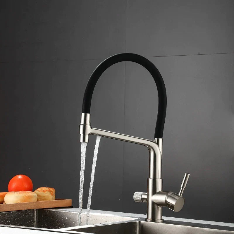 Robinet cuisine évier flexible double robinet purificateur d'eau - Argenté - Laiton