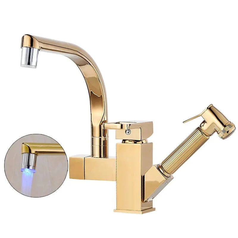 Robinet évier cuisine design mitigeur led flexible douchette pistolet - Doré - Laiton
