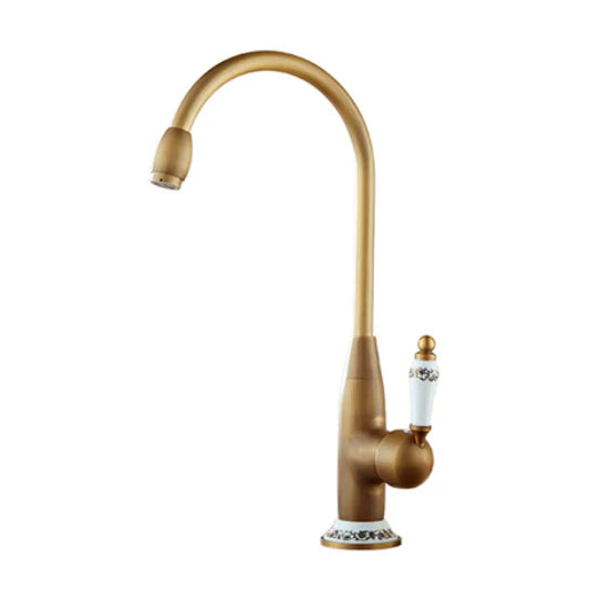 Robinet cuisine évier antique avec céramique fleur vintage - Doré