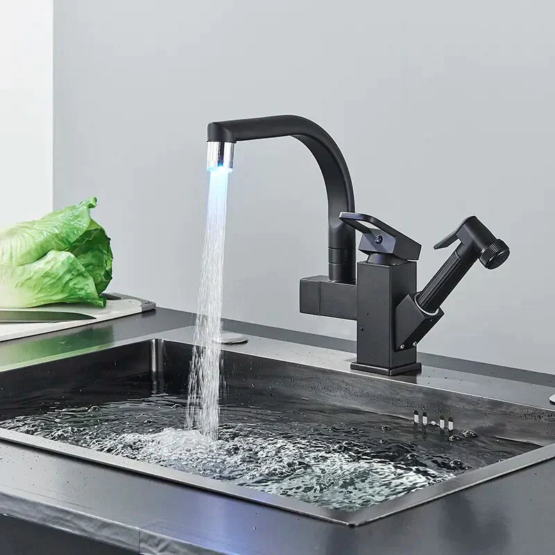 Robinet évier cuisine design mitigeur led flexible douchette pistolet - Noir - Laiton
