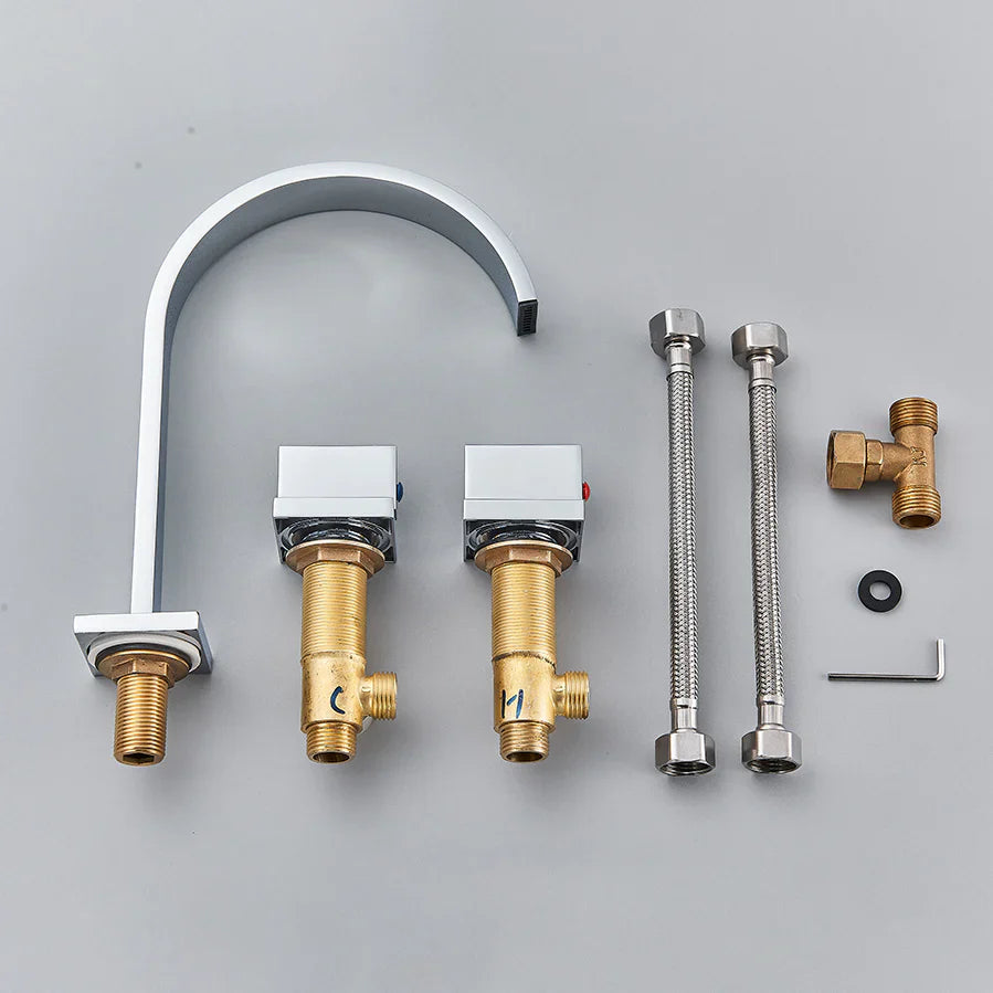 Robinet salle de bain lavabo minimaliste poignées déportées - Argenté - Laiton