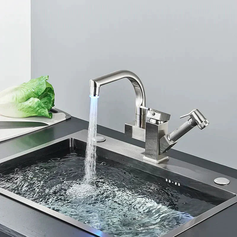 Robinet évier cuisine design mitigeur led flexible douchette pistolet - Argenté - Laiton