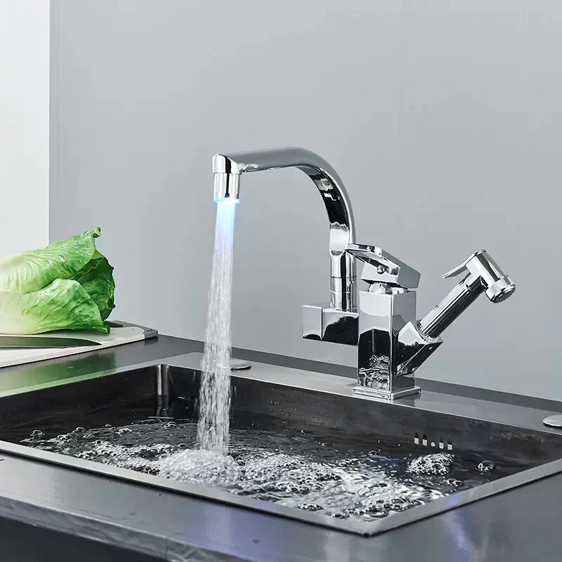 Robinet évier cuisine design mitigeur led flexible douchette pistolet - Argenté - Laiton