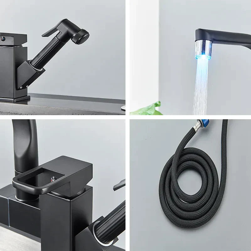 Robinet évier cuisine design mitigeur led flexible douchette pistolet - Noir - Laiton